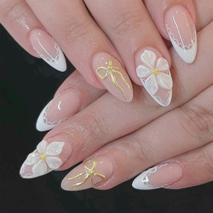 Uñas Postizas Francesas <span class=keywords><strong>de</strong></span> Lujo, Diseño Floral 3D en Relieve, Forma Almendrada, Longitud Media, 24 Piezas, Kit Completo con Pegamento y Herramientas - Product Image 1