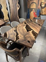 Table à manger en dalle de résine époxy de couleur mate directe d'usine en bois massif de noyer café cuisine restaurant rivière de luxe