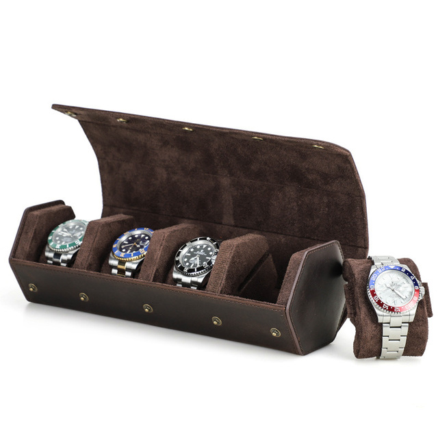 Retro 4 Slot Leather Watch Travel Case Box Watch Storage Organizer Luxury Crazy Horse Leather Watch Roll Box Custom