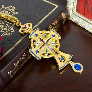 HT豪华东正教镀金牧师胸腔十字架图标希腊俄罗斯红石宗教礼品教堂十字架项链 - Product Image 1