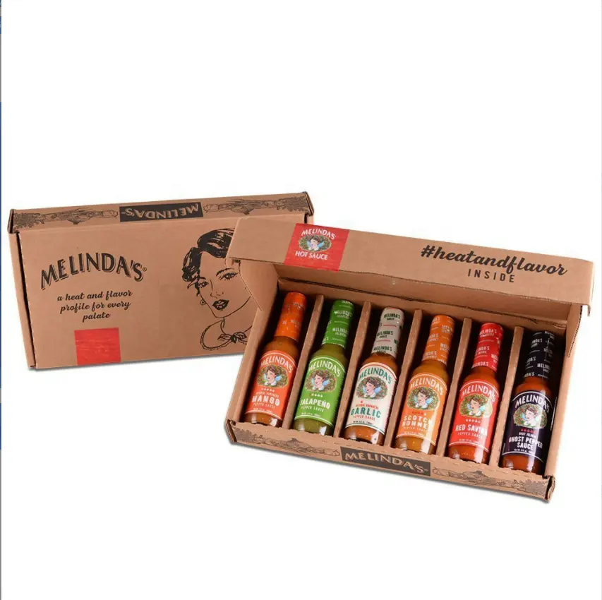 Boîte d'assaisonnement ondulé pour sauce de vente en gros, bouteille en verre, sauce de piment, boîte d'emballage de transport au détail, logo imprimé