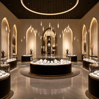 Aménagement intérieur de bijouterie de luxe de style brutaliste, vitrine arquée noire et or sur mesure et aménagement de boutique pour centres commerciaux de luxe