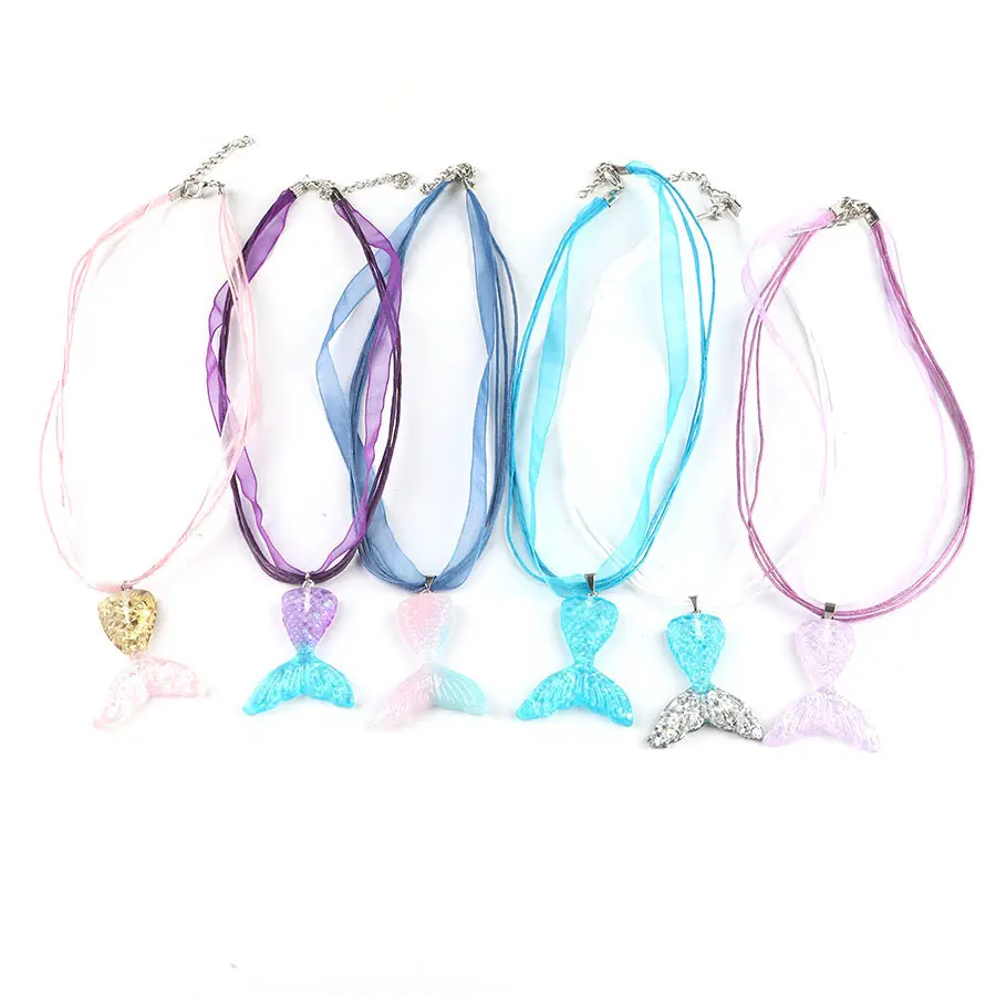 Fashion Dazzling Resin Mermaid Necklace Ribbon Chain Wax Rope Paraffined Cord Coloful Fishtail Pendant Choker Necklace For Girls