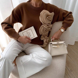 เสื้อสเวตเตอร์คอกลมลายบล็อกสี 3 มิติสำหรับผู้หญิงรุ่นใหม่ล่าสุดประจำฤดูใบไม้ร่วง/ฤดูหนาว - Product Image 4