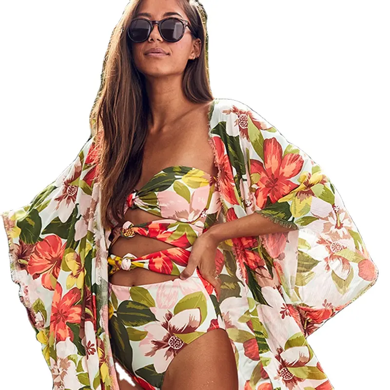Julysand di vendita caldo delle donne profondo scollo a v stampato cover up beachwear 2 pezzi manica lunga costumi da bagno