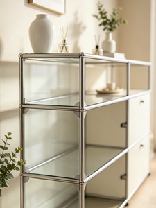 Luxury Mid-century Modular Stainless Steel <b>Sideboard</b> Bauhaus-Style Living Room <b>Storage</b> Cabinet 3 Shelves TV Cabinet Model 1369 - Product Image 3