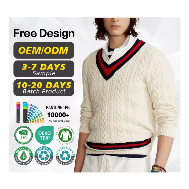 BSCI Certified Factory Custom Design logo Luxury Cashmere Wool Cable Knit v Neck Varsity Cricket Sweater Men for Autumn Winter
