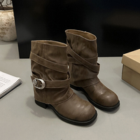 Bottines à talon compensé caché pour femme, en cuir vieilli, avec bride croisée et boucle, style western, 3 couleurs