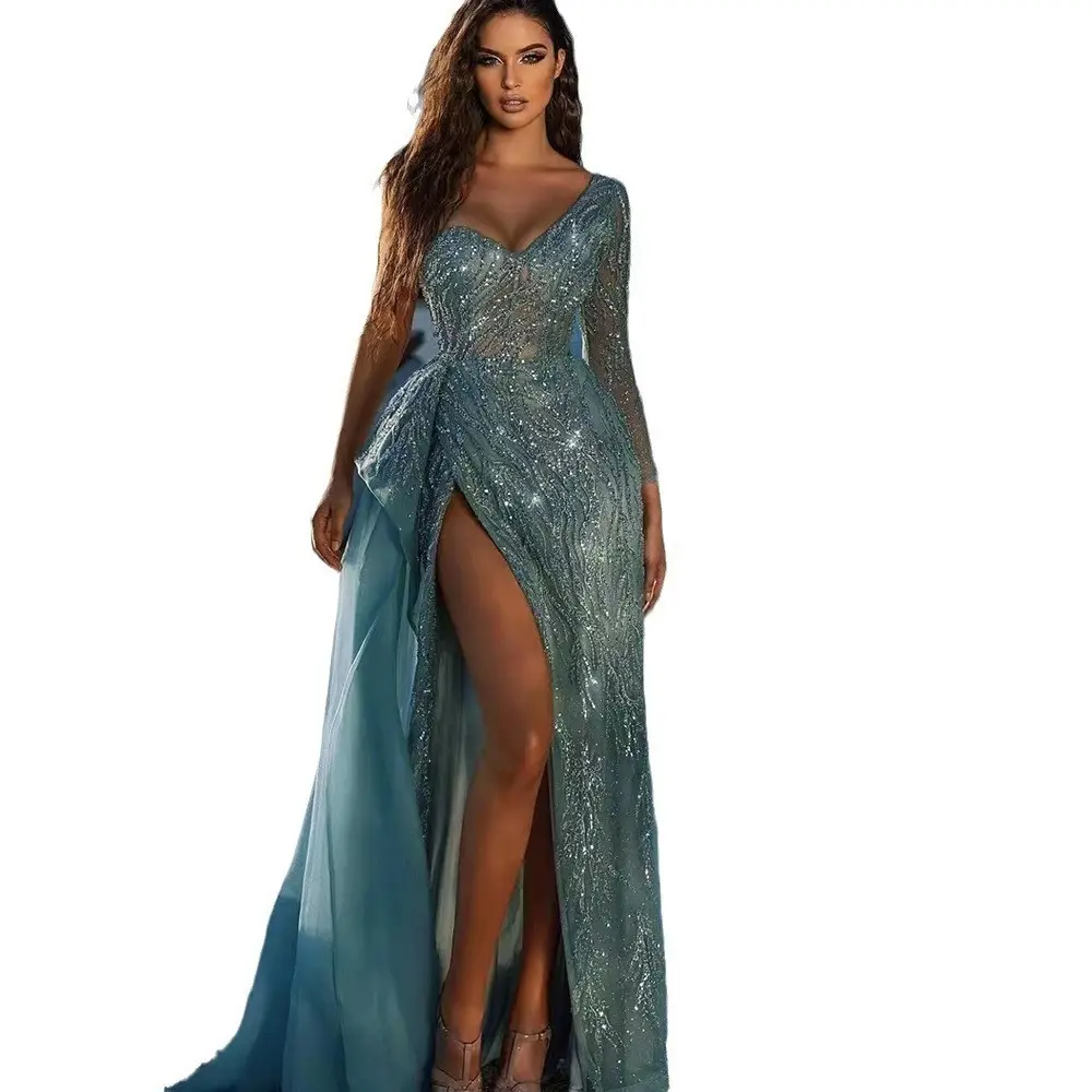 Luxury and Elegant V Neck Dubai Evening Gowns 2024 Sleeves Beading High Split Mermaid Plus Size Women Mother Of The Bride Dress