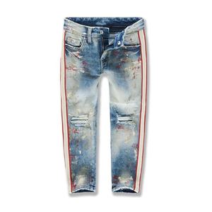 Vente en gros de jeans pour enfants à taille élastique, imprimés, avec rayures latérales, denim déchiré, coupe droite pour garçons - Product Image 1