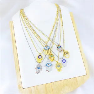 Religieuze Bidden Handen Staal Hanger Kleurrijke Turkse Evil Eye 24K Vergulde Ketting Sieraden