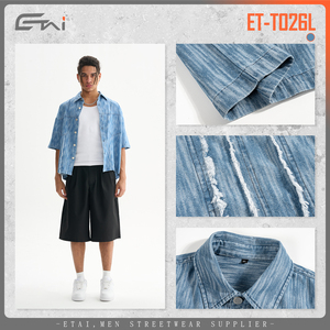 Quá Khổ Túi denim áo sơ mi người đàn ông kim loại nút lên ngắn tay áo hip hop phong cách đường phố mặc trống lụa Màn hình in ấn cao cổ - Product Image 3