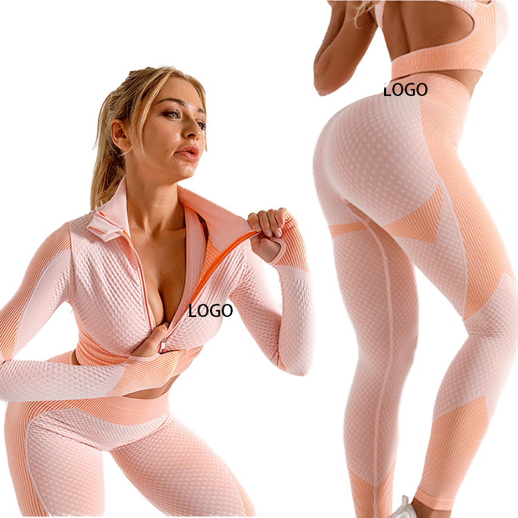 Hot Sale Seamless Solid Women's Breathable Elastic Waist 3-Piece High-Waisted Fitness Yoga Gym Jogging Running Leggings Tops Set