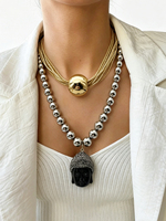 Collier pendentif tête de Bouddha noir plaqué or 18 carats vintage avec perles, chaîne à maillons épais tendance, bijoux pour femme, idéal pour les soirées