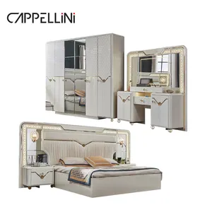 Foshan Custom Queen Size Double Leather Soft Bed King Luxury Wooden Bedroom Sets Furniture With Wardrobe Dressing Table