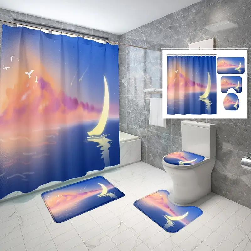 Cartoon Moon Shower Curtain Set Pink Clouds Shower Curtain Bathroom Non-Slip Bath Mat Toilet Cover Shower Curtain 4 Pcs Set