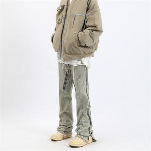 خمر مخصص سحاب سراويل الجينز مضيئة السراويل الساق مستقيم غسلها الثقيلة المتعثرة جينز ممزق الرجال بنطال مضيئة - Product Image 1