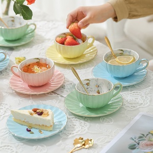 盛开的栀子花南瓜形花粉色茶具2杯茶碟优雅陶瓷咖啡杯 - Product Image 6