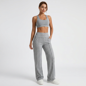 Pantalon large taille haute gris uni en maille extensible mélange polyester respirant à enfiler coupe ample longueur totale pour femme - Product Image 1