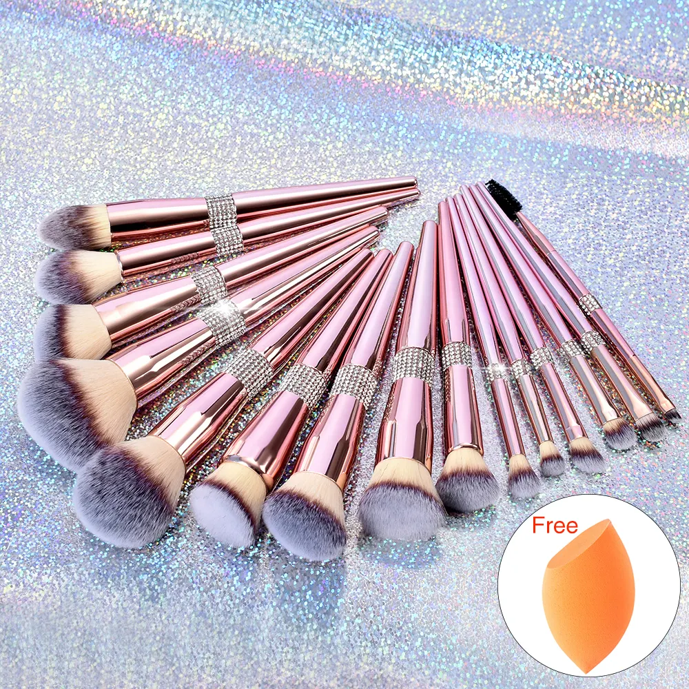 A12144 12pc Customized Kabuki Bling Rose Gold Make Up Brushes Cosmetic Foundation Soft Face Brush Cleanser Pink Makeup Brushes