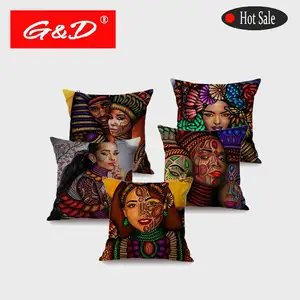 G&D Colorful African Queen Girl Face Art Decorative Painting Exotic Ethnic Style Cushion Cover