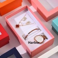 Coffret Cadeau de Bijoux Rose : Montre, Bracelet, Collier, Motif Floral Rectangulaire, Boîte à Fenêtre Couverte Ciel et Terre