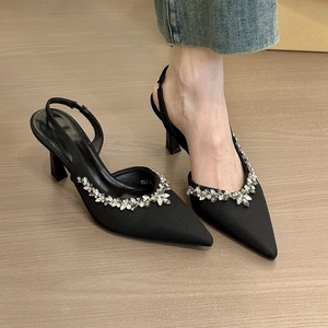 Pointed-toe Rhinestone Closed-toe Black High-heeled Shoes Women's 2026 Summer New Stiletto Elegant Nude Back-open <b>Sandals</b> - Product Image 1