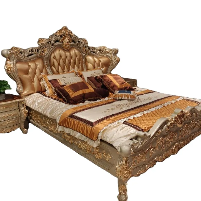 Conjunto de dormitorio clásico de lujo, muebles de diseño de doble cama, cama de lujo de cuero, tamaño King, muebles modernos para el hogar