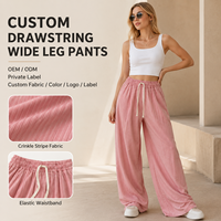 Pantalon large pour femme avec logo personnalisé, tissu rayé froissé, taille élastique avec cordon de serrage, décontracté et confortable pour les voyages