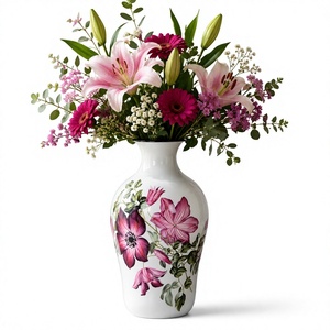 Vase en céramique floral peint à la main de luxe, vase décoratif blanc pour salon, chambre, table à manger, bureau, centre de table - Product Image 1