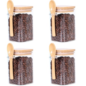 YOLOWE HOME 18 OZ <span class=keywords><strong>Set</strong></span> 4 frascos de vidrio cuadrados tapas de bambú cucharas herméticas pequeño vidrio té café azúcar contenedores almacenamiento de alimentos - Product Image 1