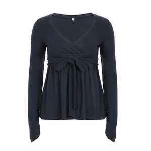 Top Estivo da Ragazza con Colletto Incrociato Lavorato a Maglia, Maniche Lunghe Plissettate, Nuovo Stile Dolce, <span class=keywords><strong>T</strong></span>-<span class=keywords><strong>shirt</strong></span> Larga con Fiocco in Pizzo - Product Image 1