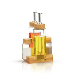 bamboo lid oil bottle olive oil bottle oil dispenser vinegar bottle and spices jar set with rack