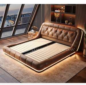 贅沢な本革キングベッド、広々としたマスターベッドルーム用、ブラックレトロスーパーカーフローティングデザイン、ライトラグジュアリーヴィラ - Product Image 5