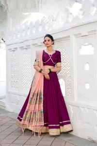 Vino Vichitra Seda Lehenga Choli Con Paithani Dupatta Y Blusa Bordada Lehenga Indio - Product Image 3