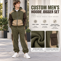 Ensemble jogging homme personnalisé avec sweat à capuche zippé, color block, 2 pièces, en molleton mélangé coton, avec poches cargo, pour tenue décontractée quotidienne