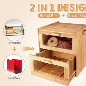 Boîte <span class=keywords><strong>à</strong></span> <span class=keywords><strong>pain</strong></span> en bambou 2 en 1 en gros avec trancheuse <span class=keywords><strong>à</strong></span> <span class=keywords><strong>pain</strong></span> intégrée, double couche, grande capacité, bac de rangement alimentaire pour plan de travail de cuisine - Product Image 2