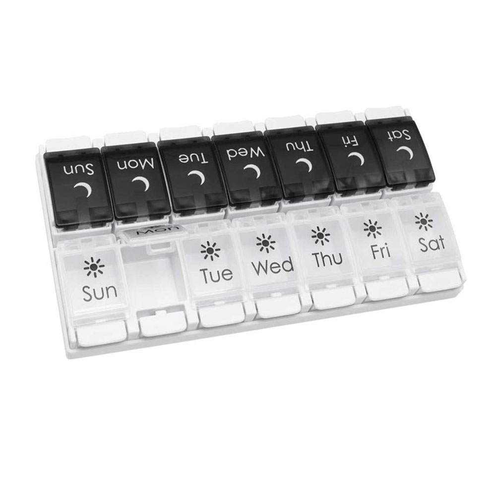 Ready To Ship Push Button 7 Day Pill Medication Organizer Vitamin Organizer Box Weekly Am Pm and Lids, Black & White Am/Pm