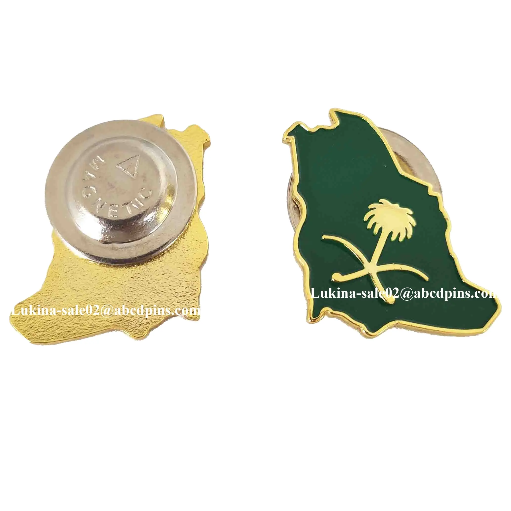 Heißer-Verkauf Saudi-arabien Shiny Gold Karte Form Mit Palm Baum Logo Metall <span class=keywords><strong>Brosche</strong></span> Magnetic Für Nationalen Tag