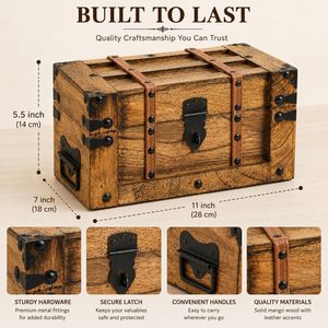 Caja de Recuerdos de Madera Hecha a Mano, Caja de Almacenamiento de Joyas Rectangular de Madera de Mango, Cofre del Tesoro Vintage, Caja de Almacenamiento Decorativa para Dormitorio - Product Image 2