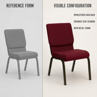 Chaise d'église avec assise épaisse de 4 pouces en tissu bordeaux, empilable, pour projets religieux et approvisionnement en gros pour institutions