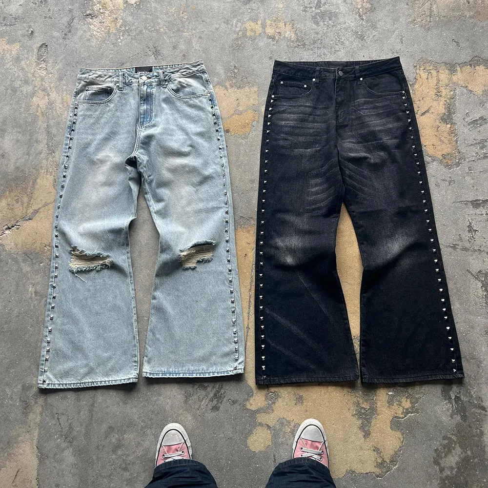 Produttori personalizzati pantaloni in denim oversize larghi di alta qualità rivetto strass da uomo jeans