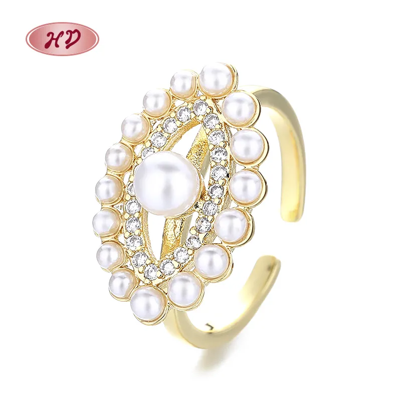 Perhiasan warna mode wanita 18K cincin mutiara mata klasik kuningan Halo Cz Aaa berlapis emas grosir