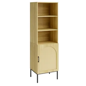 High Quality European Tall Small Modern Wood Rattan Bookcase Bookshelf With Iron Leg