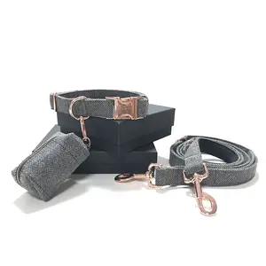 Rose Gold Metal Buckle Tweed Dog Collar with Matching Dog Leash, Dog Poop Bag Holder Rose Gold Metal Zipper