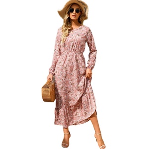 Abiti floreali in stile francese di nuova moda <span class=keywords><strong>manica</strong></span> <span class=keywords><strong>lunga</strong></span> elastico in vita o-collo <span class=keywords><strong>a</strong></span>-line <span class=keywords><strong>vestiti</strong></span> da donna elegante abito lungo Casual - Product Image 4