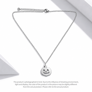 Collier pendentif visage de citrouille en acier inoxydable couleur argent, breloque découpée, chaîne fine réglable 40+5,5 cm - Product Image 1