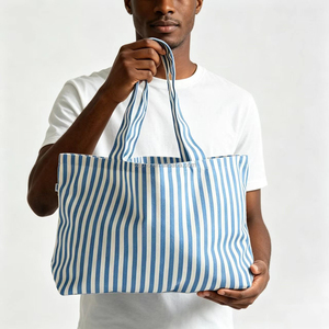 Borsa Tote in Tela Personalizzata con Strisce Verticali Blu e Bianche per Donna, Dimensioni/Colore/Design Personalizzabili, Borsa Riutilizzabile Regolabile per lo Shopping - Product Image 4
