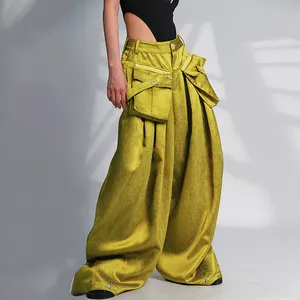 TWOTWINSTYLE New Desgin Spliced Pockets Zipper Wide Leg High Waist Loose Casual Trousers Women