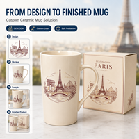 Coffret Cadeau Mug de Voyage Personnalisé avec Logo, Motif Vintage Art Lignaire Paris, Pont Alexandre III, Dôme des Invalides, en Porcelaine Fine